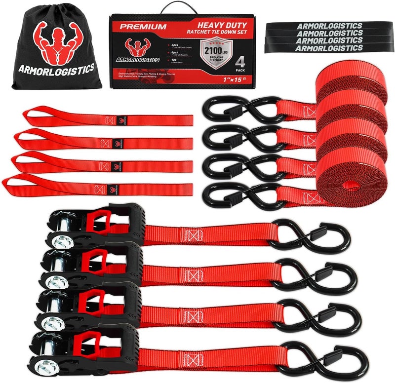 ARMORLOGISTICS Ratchet Straps (4 Pack) - 1in x 15ft Motorcycle Strap Tie Downs with 15ft Soft Loops - 2,100lb Break Strength Ratchet Tie Down Straps for Motorcycles, Truck, Cargo - Safety S Hook, Storage Bag - Image 1